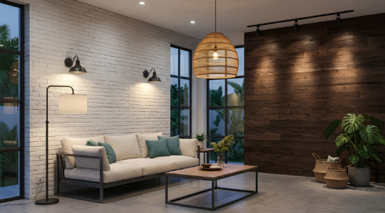 Lighting Design untuk Ruang Tamu Rumah Bergaya Minimalist Industrial Tropical Anak Panah Perkasa