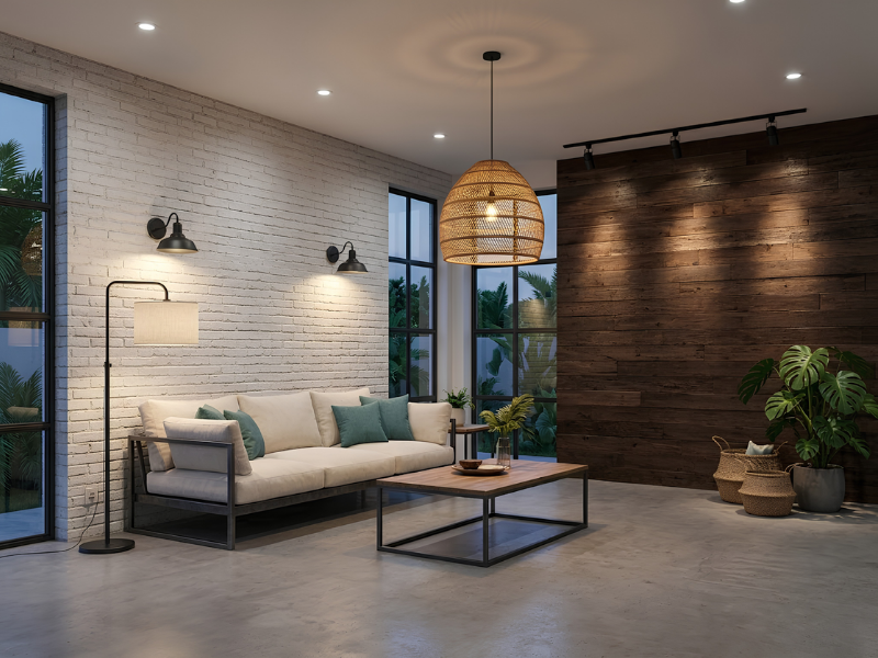 Lighting Design untuk Ruang Tamu Rumah Bergaya Minimalist Industrial Tropical Anak Panah Perkasa