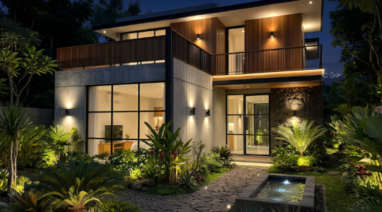 Exterior Design dan Landscaping Rumah Minimalist Industrial Tropical Anak Panah Perkasa