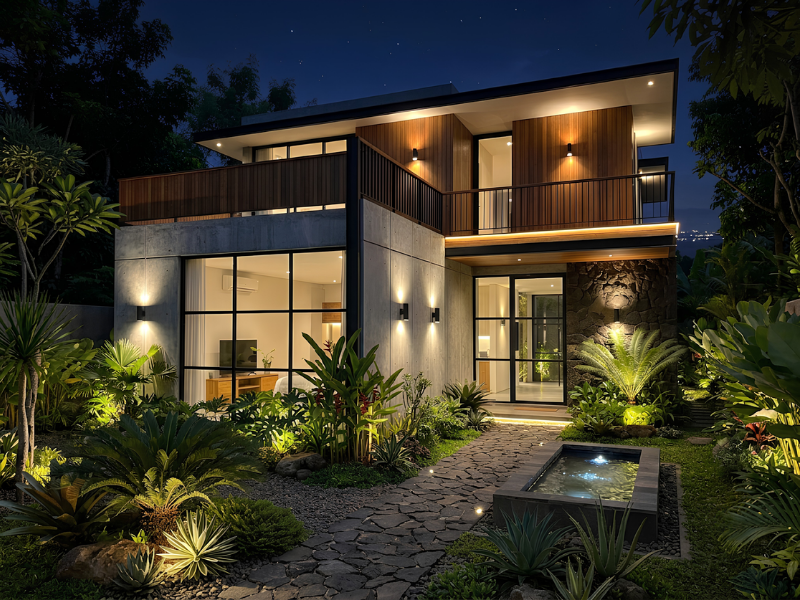 Exterior Design dan Landscaping Rumah Minimalist Industrial Tropical Anak Panah Perkasa