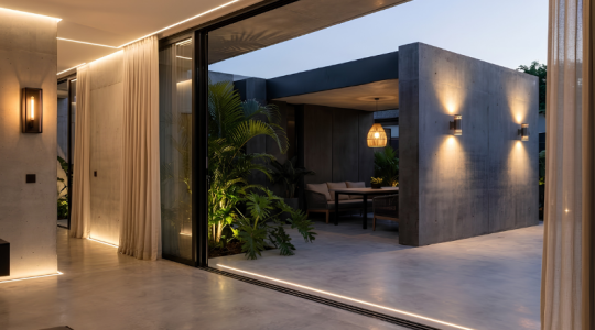 Transisi Rapi Interior ke Eksterior Rumah Minimalist Industrial Tropical Anak Panah Perkasa