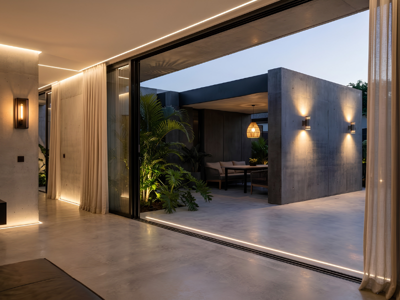Transisi Rapi Interior ke Eksterior Rumah Minimalist Industrial Tropical Anak Panah Perkasa