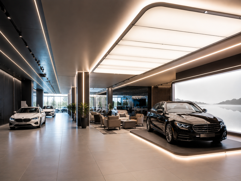 Desain Pencahayaan Imersif dengan Light Boxes & Linear Accents untuk Showroom Mobil - Anak Panah Perkasa